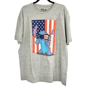 NEW Disney Stitch American Flag Graphic T Shirt Men's Size XL Crew Neck Gray‎